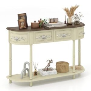 Console Table | Retro Console Table with Drawers – 52" Narrow Sofa Table, Half-Moon Entryway Table, Vintage Storage Table for Living Room & Hallway, Beige