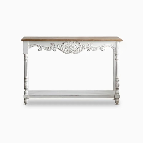 Wooden Carved Console Table in Solid Mango Wood with Antique White Distress Finish – 48" for Living Room, Hallway, Entryway, Office (Distress M1) - Image 4