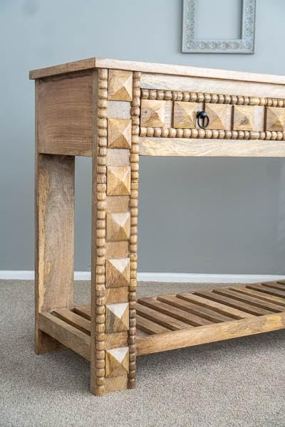 Wooden Carved Console Table with Drawers in Solid Mango Wood with Antique White Distress Finish for Living Room, Hall, Entryway, Office – 48 x 30 x 15 Inches (Natural Wood Color) - Image 4