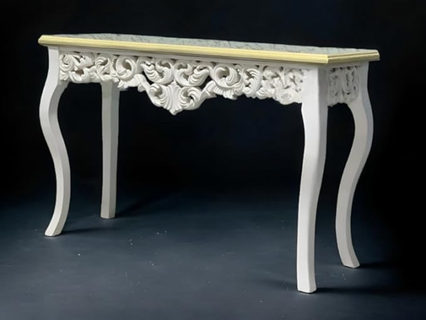 Wooden Carved Console Table in Solid Mango Wood with Antique White Distress Finish – 48" for Living Room, Hallway, Entryway, Office - Image 2