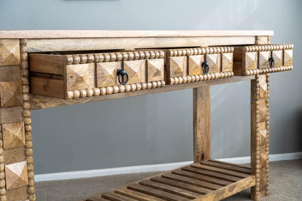 Wooden Carved Console Table with Drawers in Solid Mango Wood with Antique White Distress Finish for Living Room, Hall, Entryway, Office – 48 x 30 x 15 Inches (Natural Wood Color) - Image 3