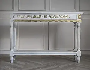 Wooden Carved Console Table in Solid Mango Wood with Grey Gold Finish – 48" for Living Room, Hallway, Entryway, Office