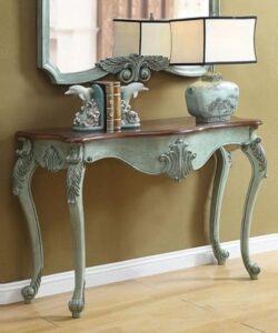 46Treeform Vintage French Provincial Console Table – Distressed Mint Green with Ornate Carved Details