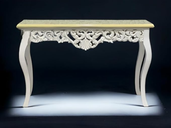 Wooden Carved Console Table in Solid Mango Wood with Antique White Distress Finish – 48" for Living Room, Hallway, Entryway, Office