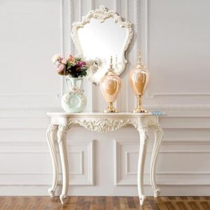 Wooden Carved Console Table with Mirror Frame – Solid Mango Wood, White Deco Finish