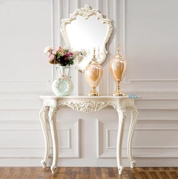 Wooden Carved Console Table with Mirror Frame – Solid Mango Wood, White Deco Finish