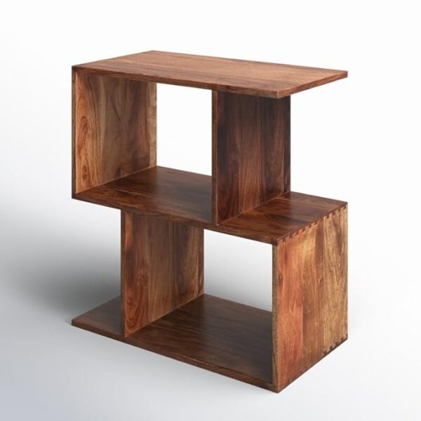 46Treeform 3-Tier Geometric Bookshelf – 24" Tall Solid Wood S-Shaped Display Shelf, Freestanding Nightstand, and Bookcase (Brown)