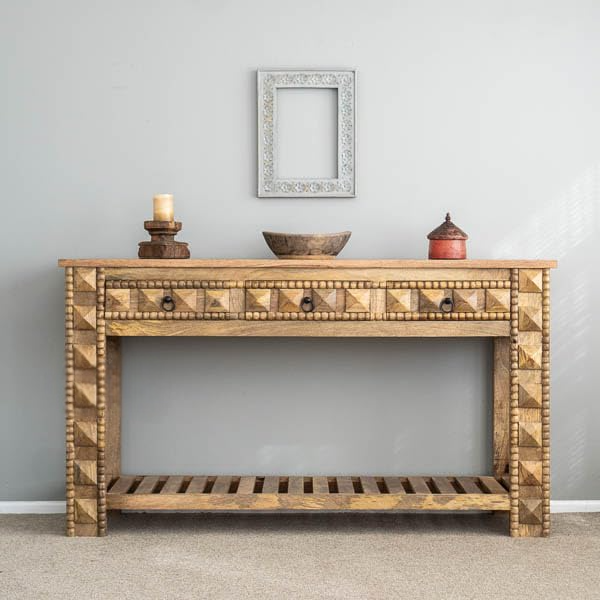 Wooden Carved Console Table with Drawers in Solid Mango Wood with Antique White Distress Finish for Living Room, Hall, Entryway, Office – 48 x 30 x 15 Inches (Natural Wood Color)