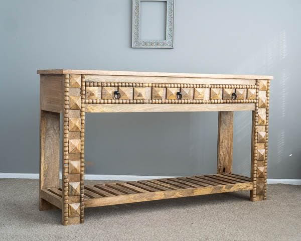 Wooden Carved Console Table with Drawers in Solid Mango Wood with Antique White Distress Finish for Living Room, Hall, Entryway, Office – 48 x 30 x 15 Inches (Natural Wood Color) - Image 2