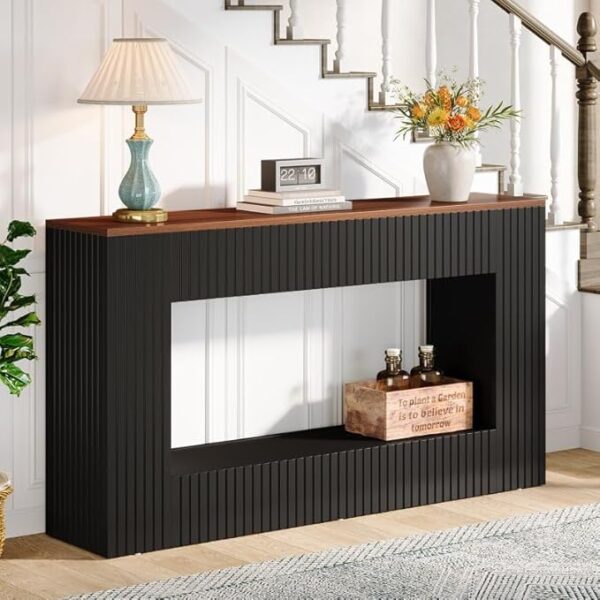 Wooden Console Table in Solid High-Density HDMR Wood with Black Base and Natural Finish Long for Living Room, Hallway, Office, Entryway