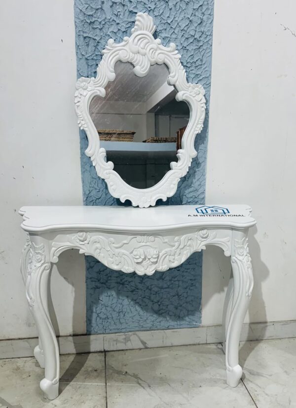 Wooden Carved Console Table with Mirror Frame – Solid Mango Wood, White Deco Finish - Image 8