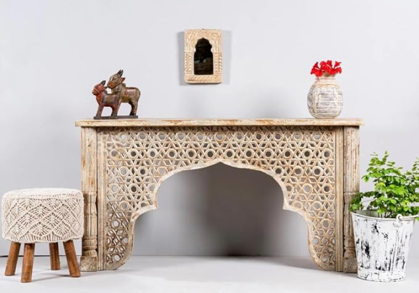 Wooden Carved Console Table in Solid Mango Wood with Antique White & Brown Distress Finish for Living Room, Hall, Entryway, Office – 48 x 30 x 15 Inches - Image 3