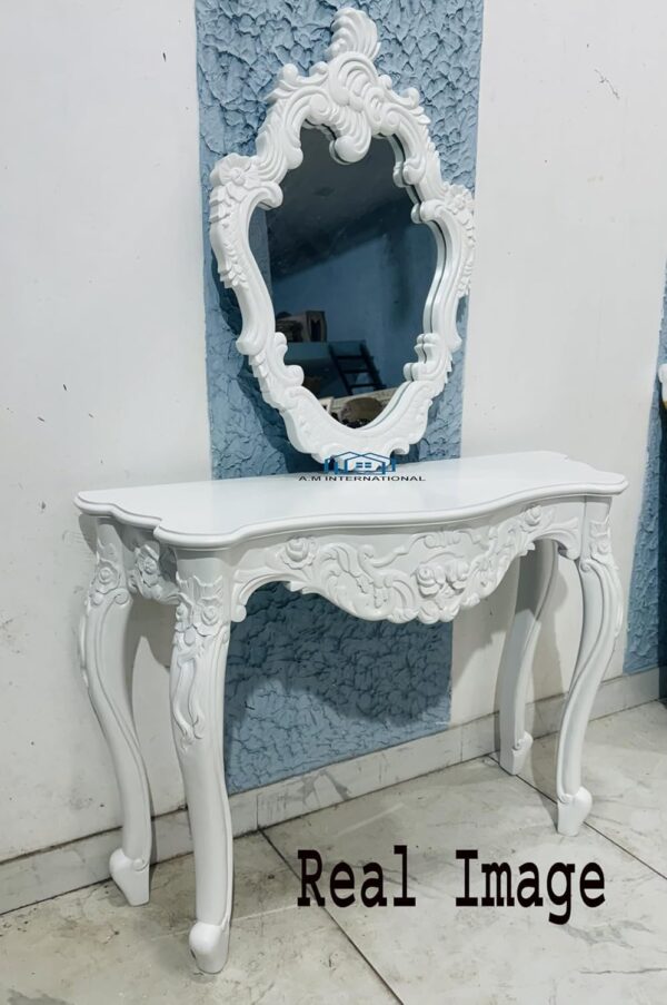 Wooden Carved Console Table with Mirror Frame – Solid Mango Wood, White Deco Finish - Image 9