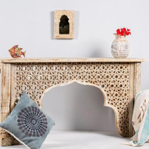 Wooden Carved Console Table in Solid Mango Wood with Antique White & Brown Distress Finish for Living Room, Hall, Entryway, Office – 48 x 30 x 15 Inches