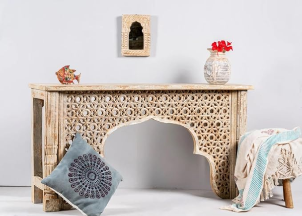 Wooden Carved Console Table in Solid Mango Wood with Antique White & Brown Distress Finish for Living Room, Hall, Entryway, Office – 48 x 30 x 15 Inches