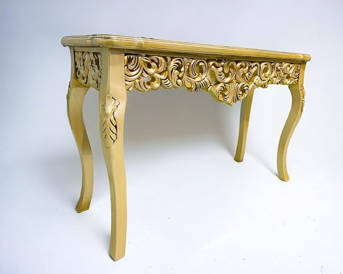 Wooden Carved Console Table in Solid Mango Wood with Antique White Distress Finish and Golden Accents for Living Room, Hall, Entryway, Office – 48 x 30 x 15 Inches - Image 2