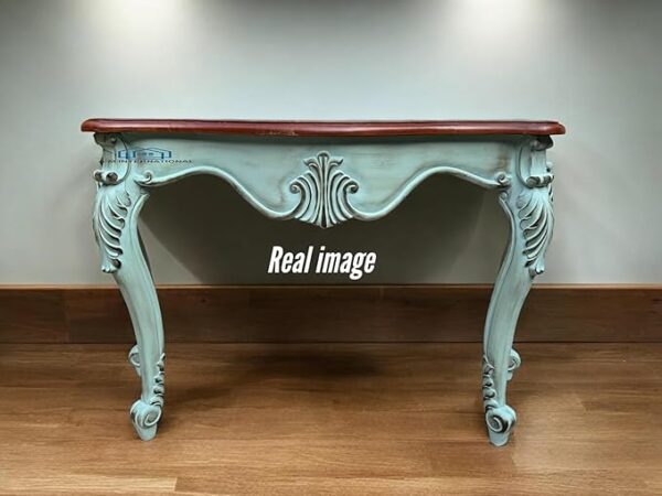 46Treeform Vintage French Provincial Console Table – Distressed Mint Green with Ornate Carved Details - Image 2