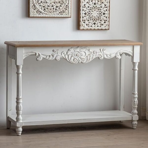 Mid-Century Modern Console Table – Solid Wood Roman Column Legs & Antique White Distressed Finish - Image 5
