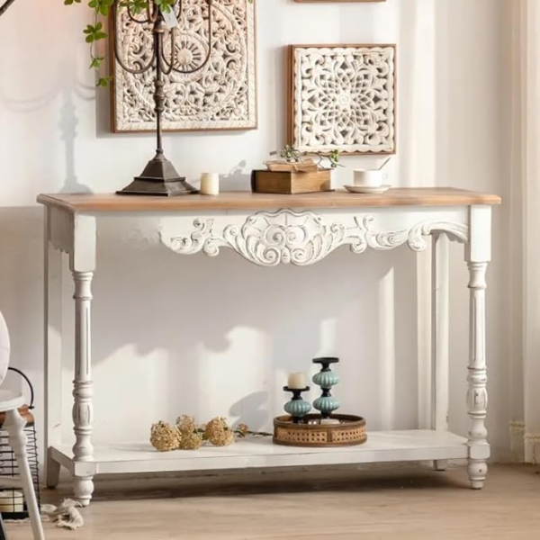 Wooden Carved Console Table in Solid Mango Wood with Antique White Distress Finish – 48" for Living Room, Hallway, Entryway, Office (Distress M1) - Image 2