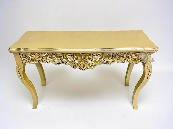 Wooden Carved Console Table in Solid Mango Wood with Antique White Distress Finish and Golden Accents for Living Room, Hall, Entryway, Office – 48 x 30 x 15 Inches - Image 4