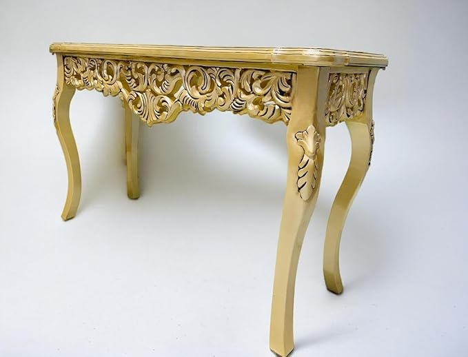Wooden Carved Console Table in Solid Mango Wood with Antique White Distress Finish and Golden Accents for Living Room, Hall, Entryway, Office – 48 x 30 x 15 Inches - Image 3