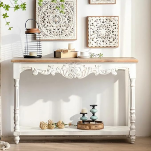 Wooden Carved Console Table in Solid Mango Wood with Antique White Distress Finish – 48" for Living Room, Hallway, Entryway, Office (Distress M1)