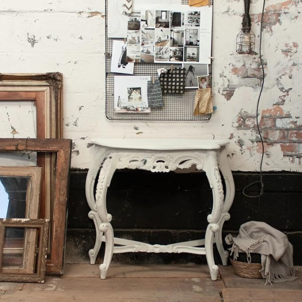 Wooden Carved Console Table in Solid Mango Wood with Antique White Distressed Finish – 30" for Living Room, Hallway, Entryway, Office (Cream Distress)