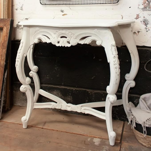 Wooden Carved Console Table in Solid Mango Wood with Antique White Distressed Finish – 30" for Living Room, Hallway, Entryway, Office (Cream Distress) - Image 3