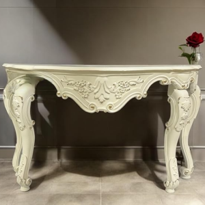 Wooden Carved Console Table in Solid Mango Wood with Duco White Gold Finish for Living Room, Hall, and Entryway