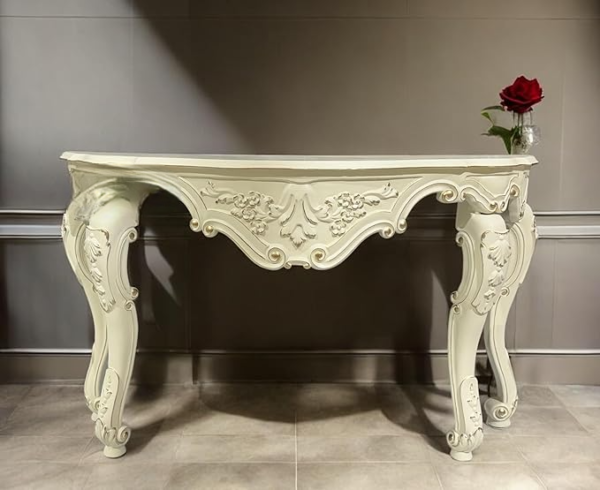 Wooden Carved Console Table in Solid Mango Wood with Duco White Gold Finish for Living Room, Hall, and Entryway