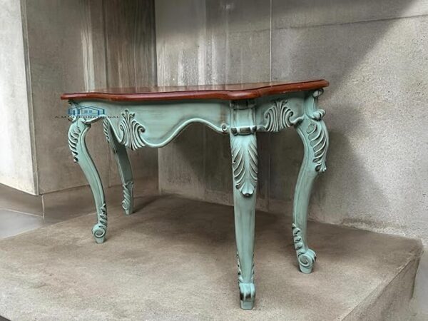 46Treeform Vintage French Provincial Console Table – Distressed Mint Green with Ornate Carved Details - Image 3