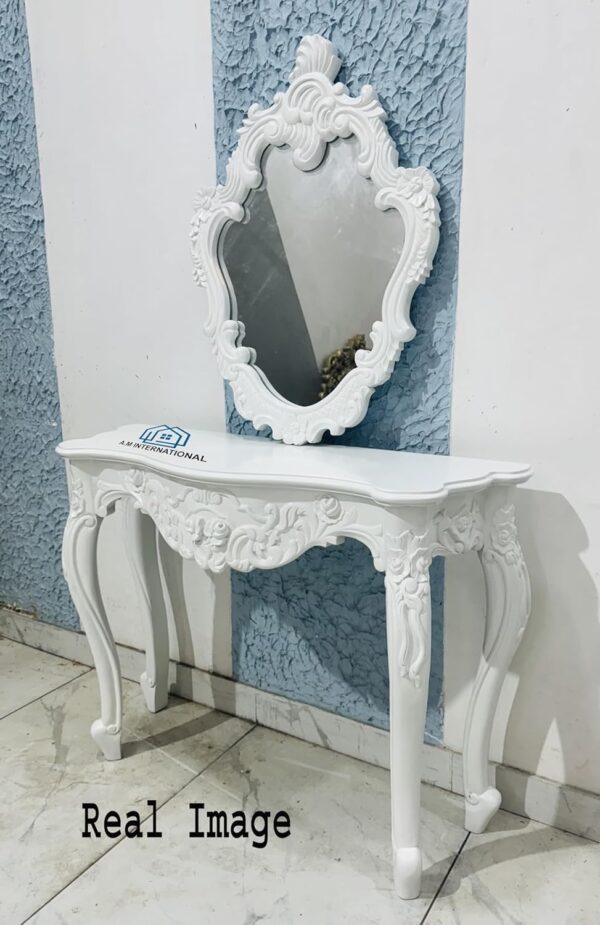 Wooden Carved Console Table with Mirror Frame – Solid Mango Wood, White Deco Finish - Image 7