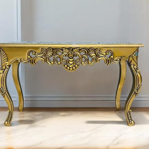 Wooden Carved Console Table in Solid Mango Wood with Antique White Distress Finish and Golden Accents for Living Room, Hall, Entryway, Office – 48 x 30 x 15 Inches