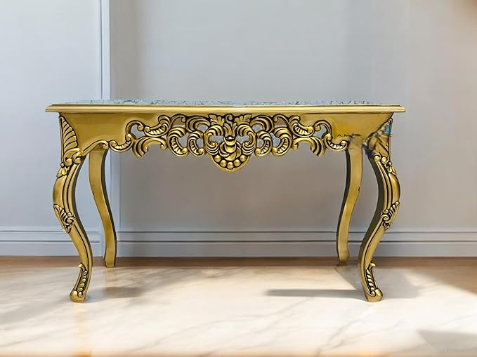 Wooden Carved Console Table in Solid Mango Wood with Antique White Distress Finish and Golden Accents for Living Room, Hall, Entryway, Office – 48 x 30 x 15 Inches