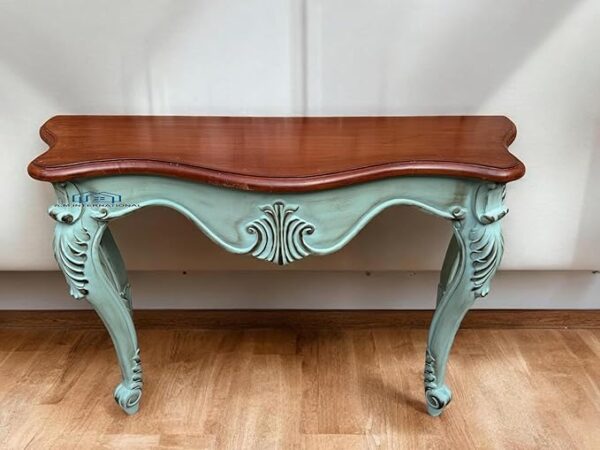 46Treeform Vintage French Provincial Console Table – Distressed Mint Green with Ornate Carved Details - Image 5
