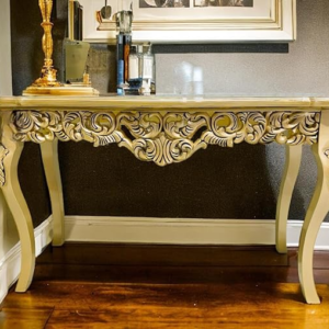 Wooden Carved Console Table in Solid Mango Wood with Antique White Distress Finish and Golden Accents for Living Room, Hall, Entryway, Office – 48 x 30 x 15 Inches