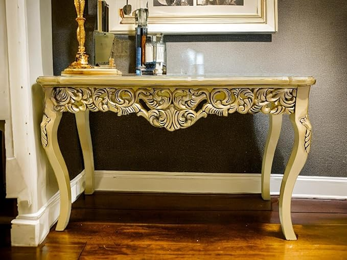 Wooden Carved Console Table in Solid Mango Wood with Antique White Distress Finish and Golden Accents for Living Room, Hall, Entryway, Office – 48 x 30 x 15 Inches