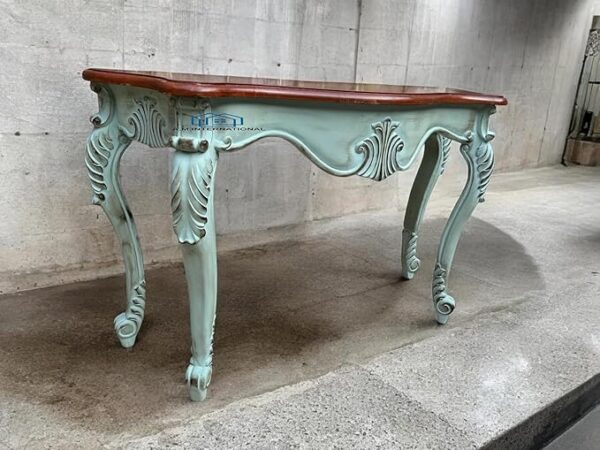46Treeform Vintage French Provincial Console Table – Distressed Mint Green with Ornate Carved Details - Image 4