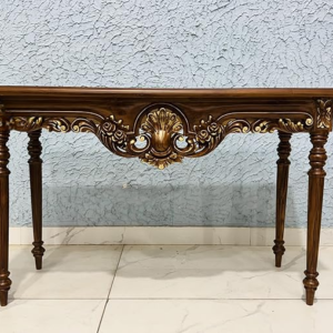 Wooden Carved Console Table in Solid Teak Wood with Antique Walnut Matte Finish and Golden Accents for Living Room, Hall, Entryway, Office – 48 x 30 x 15 Inches