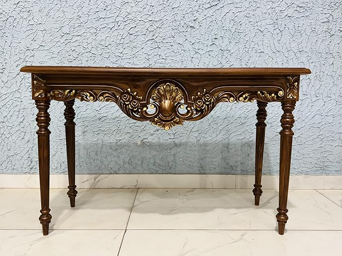 Wooden Carved Console Table in Solid Teak Wood with Antique Walnut Matte Finish and Golden Accents for Living Room, Hall, Entryway, Office – 48 x 30 x 15 Inches