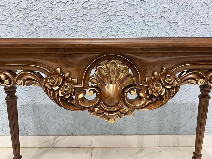 Wooden Carved Console Table in Solid Teak Wood with Antique Walnut Matte Finish and Golden Accents for Living Room, Hall, Entryway, Office – 48 x 30 x 15 Inches - Image 3