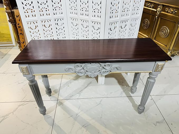 Wooden Carved Console Table in Solid Mango Wood with Grey Gold Finish for Living Room, Hall, Entryway, and Office – 48 x 30 x 15 Inches - Image 2