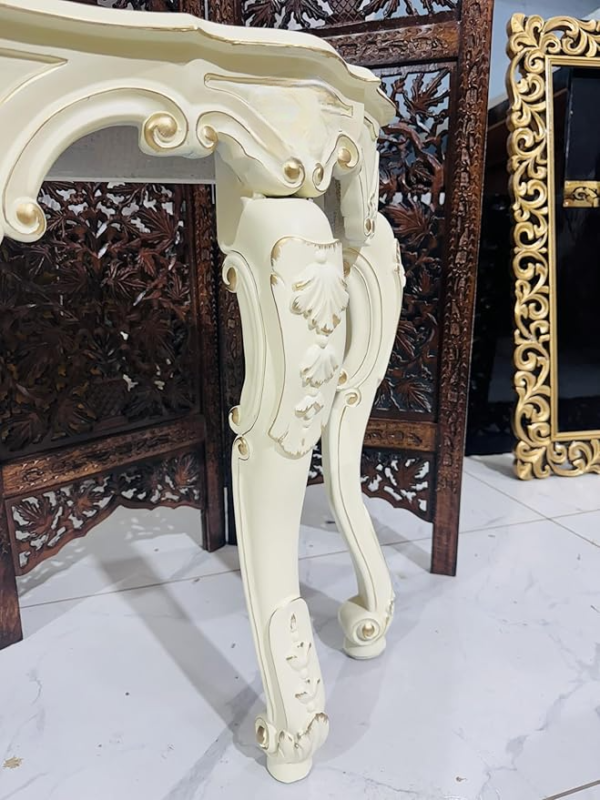 Wooden Carved Console Table in Solid Mango Wood with Duco White Gold Finish for Living Room, Hall, and Entryway - Image 5