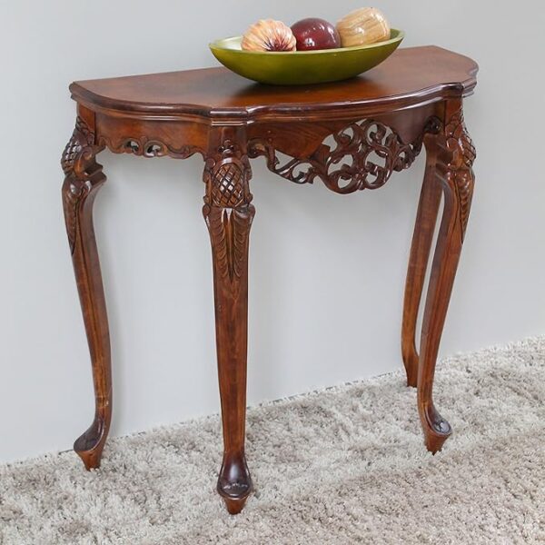 Console Table |  Carved Console Table in Solid Mango Wood – Victorian Style, Mahogany Finish, Curved Legs for Living Room, Hall & Office