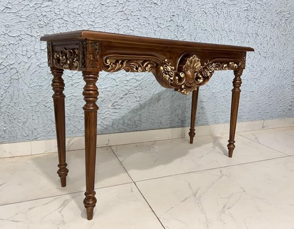 Wooden Carved Console Table in Solid Teak Wood with Antique Walnut Matte Finish and Golden Accents for Living Room, Hall, Entryway, Office – 48 x 30 x 15 Inches - Image 2