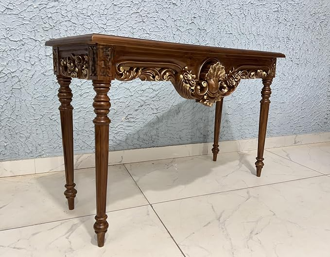 Wooden Carved Console Table in Solid Teak Wood with Antique Walnut Matte Finish and Golden Accents for Living Room, Hall, Entryway, Office – 48 x 30 x 15 Inches - Image 2