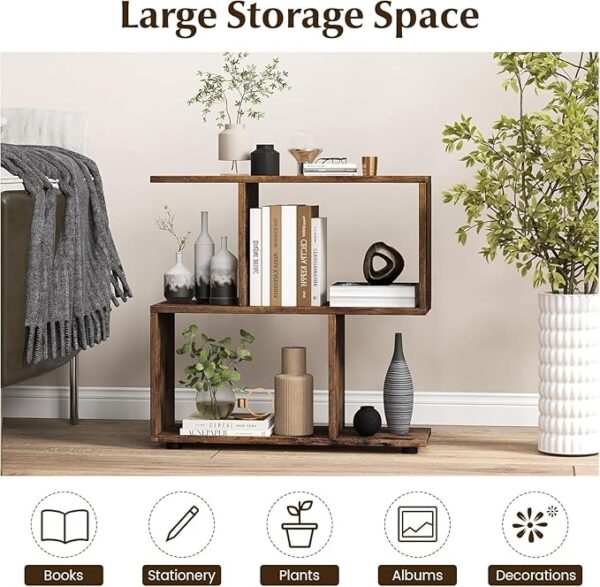 46Treeform 3-Tier Geometric Bookshelf – 24" Tall Solid Wood S-Shaped Display Shelf, Freestanding Nightstand, and Bookcase (Brown) - Image 2