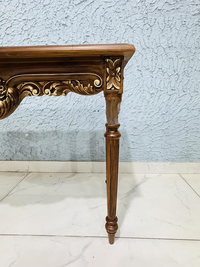 Wooden Carved Console Table in Solid Teak Wood with Antique Walnut Matte Finish and Golden Accents for Living Room, Hall, Entryway, Office – 48 x 30 x 15 Inches - Image 4