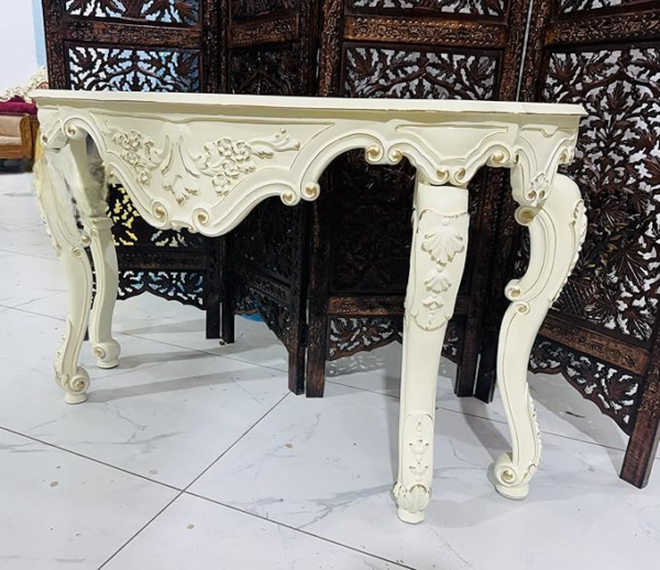 Wooden Carved Console Table in Solid Mango Wood with Duco White Gold Finish for Living Room, Hall, and Entryway - Image 4