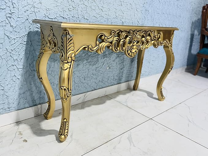 Wooden Carved Console Table in Solid Mango Wood with Antique White Distress Finish and Golden Accents for Living Room, Hall, Entryway, Office – 48 x 30 x 15 Inches - Image 2